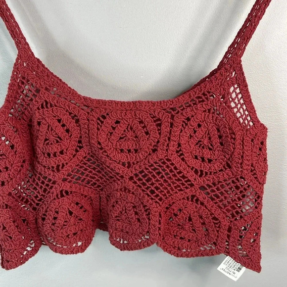 ZARA Crochet Crop Tank Top Rusty Maroon Spaghetti Strap Bohemian Festival M - Picture 3 of 9